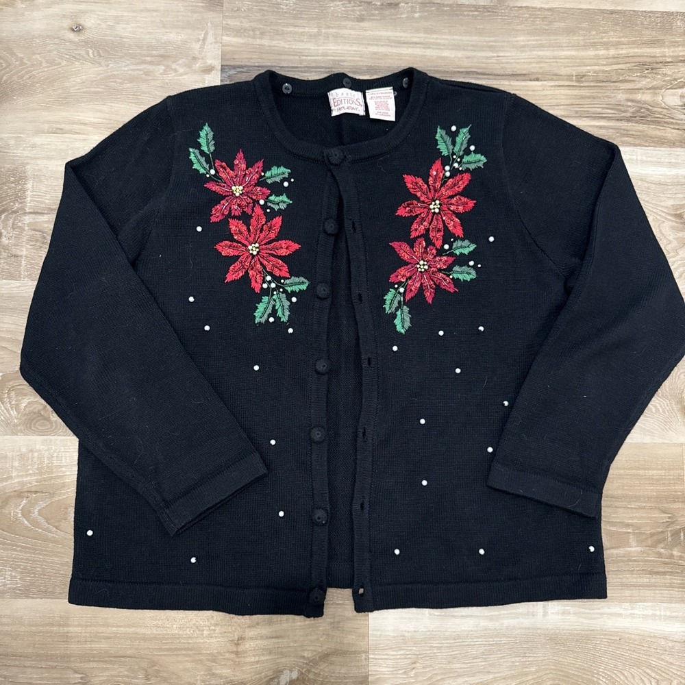 Basic Editions Women Pointsetta Knit Sweater Embroidered Pearls And Sequins  Xl
